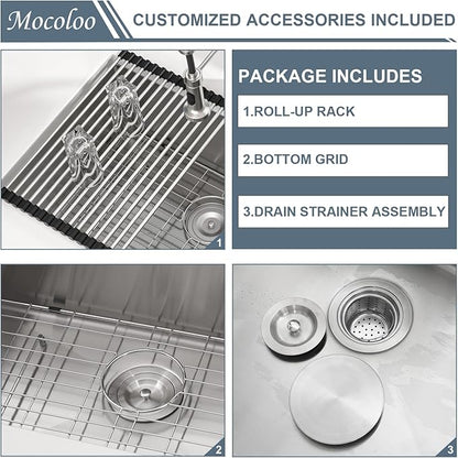 28 inch Undermount Sink - Mocoloo 28x18 inch Single Bowl Kitchen Sink Stainless Steel 16 Gauge Round Corner 10 inch deep with Accessories