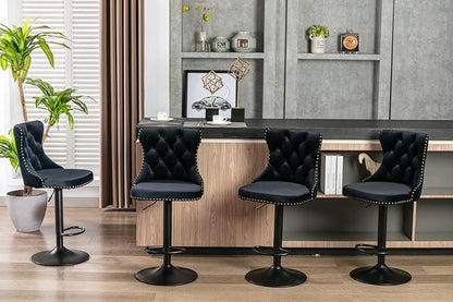 Rhomtree Velvet Swivel Bar Stools Upholstered Bar Stool with Button Tufted Back and Pull Ring Height Adjustable Barstools 25-33 Inch for Home Pub and Kitchen Island (Black with Black Bas, Set of 4)