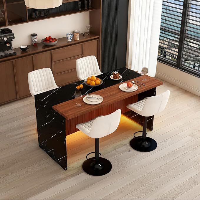 63" Modern Kitchen Island Set with 4 Beige Stools Black Marble Look, Led Lighting & Grill Design Durable, Versatile Dining Room & Open Concept