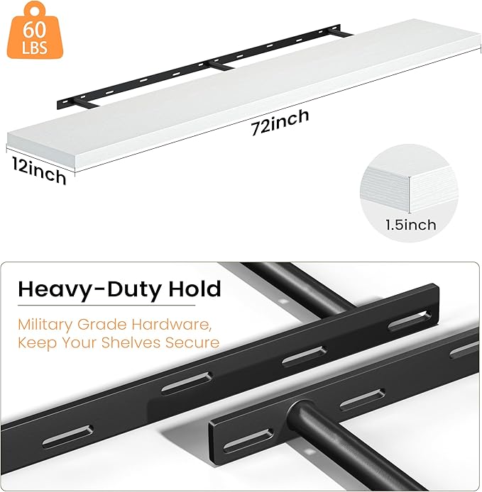 Fun Memories 72 Inch Floating Shelves, 12 Inch Deep Wall Shelf for Fireplace Mantel, White Deep Storage Shelves for Home & Office, Long Floating Shelf with Invisible Bracket, Set of 2