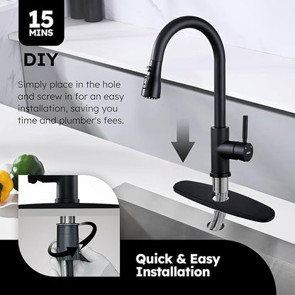 Arofa Kitchen Faucet with Soap Dispenser, Stainless Steel Kitchen Sink Faucet with Pull Down Sprayer 3 Mode Single Handle Gooseneck Pull Out Kitchen Faucet, Matte Black Bathroom Sink Faucet