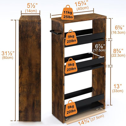 TEAMIX 4 Tier Slim Storage Cart with Handle, Slide Out Storage Rolling Utility Cart Mobile Shelving Unit Organizer Trolley for Small Spaces Kitchen Laundry Narrow Places