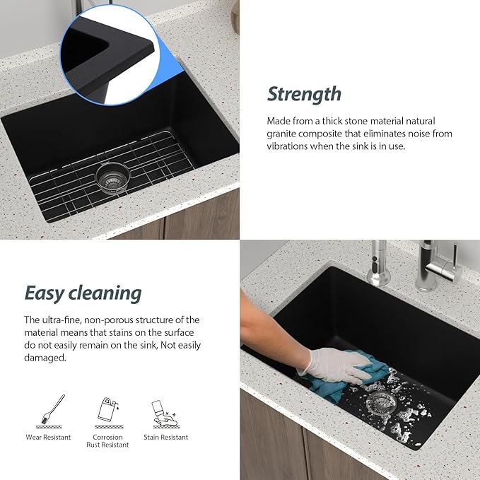 Lordear Granite Composite Laundry Sink 24×18 Inch Undermount Laundry Room Utility Black 12 Inch Deep Under Counter 24x18x12 Inch