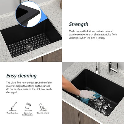 Lordear Granite Composite Laundry Sink 24×18 Inch Undermount Laundry Room Utility Black 12 Inch Deep Under Counter 24x18x12 Inch