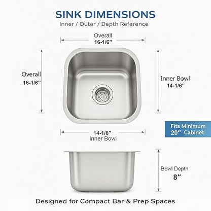 ORLANDO 16x16 inch Undermount Bar Prep Sink – 18 Gauge Stainless Steel Single Bowl Compact Kitchen Sink with Basket Strainer for Small Kitchen & Wet Bar