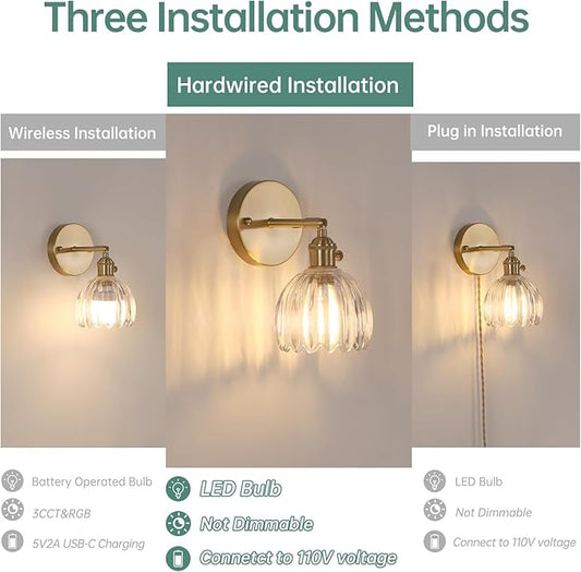 Shenmoyl Vintage Wall Sconces Set of 2 with Transparent Tulip Glass Lampshade 180 Degree Adjustable Brass Sconces Hradwired Modern Wall Lighting Fixture with Switch for Bedside Bedroom Doorway