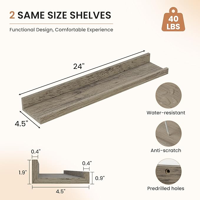 Dreamland Picture Ledge Shelf for Wall, Floating Shelves Set of 2,24 inch Long Floating Shelves with Lip for Living Room,Bedroom,Bathroom,Kitchen,Grey