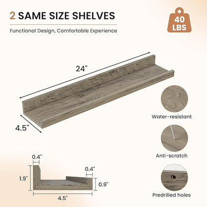 Dreamland Picture Ledge Shelf for Wall, Floating Shelves Set of 2,24 inch Long Floating Shelves with Lip for Living Room,Bedroom,Bathroom,Kitchen,Grey