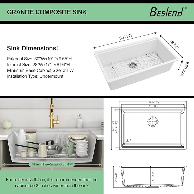 32 Granite Composite Kitchen Sink - 32x19 Inch White Granite Kitchen Sink Undermount White Quartz Sinks Ledge Workstation Classic Under Counter Single Bowl Basin