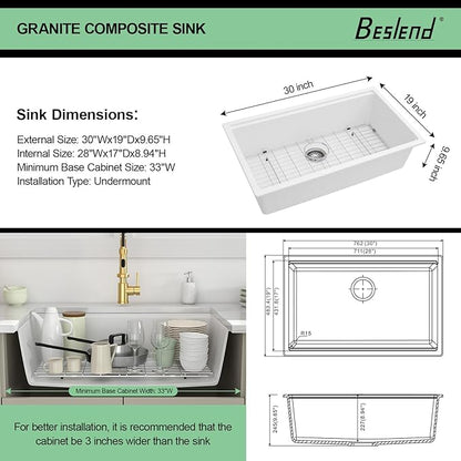 32 Granite Composite Kitchen Sink - 32x19 Inch White Granite Kitchen Sink Undermount White Quartz Sinks Ledge Workstation Classic Under Counter Single Bowl Basin