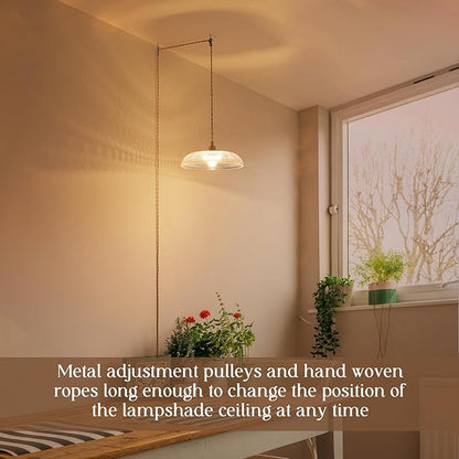 Hanging Light with Plug in Cord,11.8 Inch Plug in Pendant Light for Ceiling Glass Lampshade 14Ft Hanging Lamp Plug in Adjustable Golden Cord On/Off Switch for Bedroom