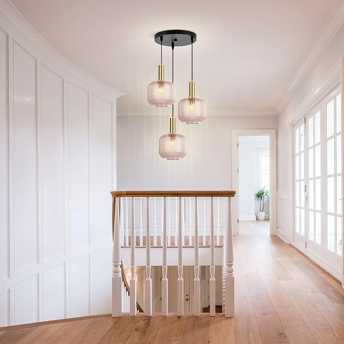3-Lights Pink Glass Pendant Light with Striped Shade, 59" Adjustable Hanging Chandelier Vintage Industrial Ceiling Light Fixture for Dining Room Living Room Bedroom