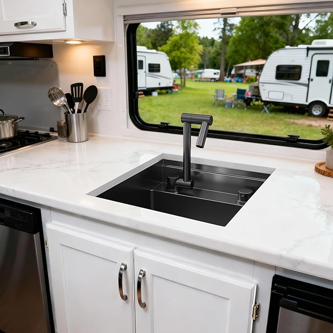 Outdoor Kitchen Sink 15x18 Inch with Foldable Faucet, Nano Black 16 Gauge Stainless Steel RV Camper Bar Prep Workstation Sink with Cutting Board Cover, Bottom Grid & Drain Kit