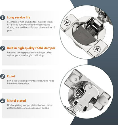 Home Expert 4 Pack (2 Pairs) 1-1/2" Overlay Soft Close Cabinet Hinges, Satin Nickel Stainless Steel Concealed Hinges with 3D Self-Closing for Face Frame Doors & Kitchens