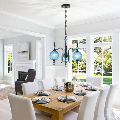 Vintage Blue Pendant Light Fixtures, 3-Light Chandeliers for Kitchen Bedroom Living Room Dining Room Hallway