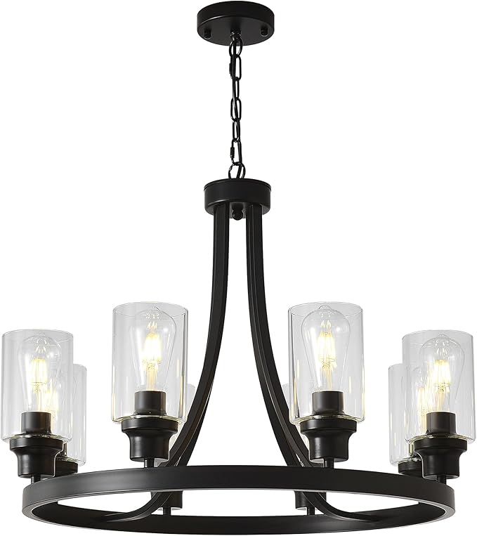 Black Wagon Wheel Chandelier 8 Lights, Rustic Chandelier Kitchen Island Lighting Industrial Chandelier with Clear Glass Shade, Farmhouse Pendant Light for Dining Room Living Room Bedroom