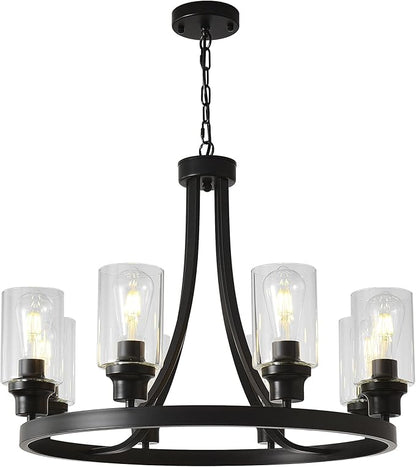 Black Wagon Wheel Chandelier 8 Lights, Rustic Chandelier Kitchen Island Lighting Industrial Chandelier with Clear Glass Shade, Farmhouse Pendant Light for Dining Room Living Room Bedroom