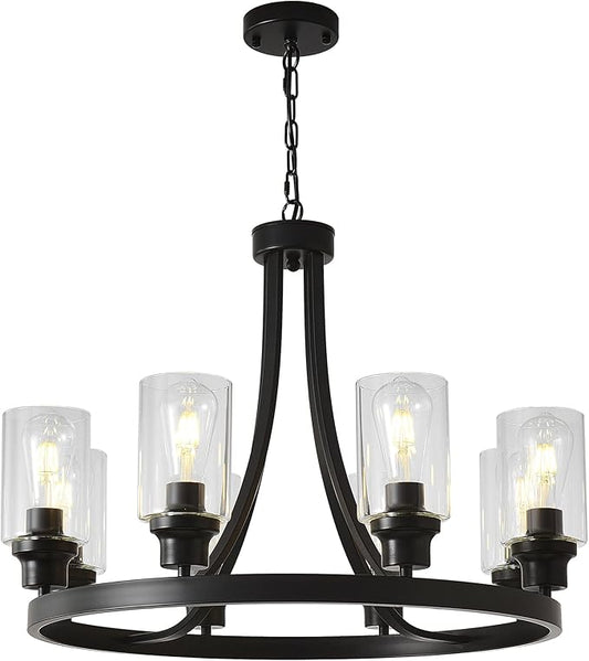 Black Wagon Wheel Chandelier 8 Lights, Rustic Chandelier Kitchen Island Lighting Industrial Chandelier with Clear Glass Shade, Farmhouse Pendant Light for Dining Room Living Room Bedroom