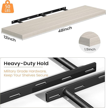 Fun Memories 48 Inch Floating Shelves, 12 Inch Deep Wall Shelves, 48 x 12 Floating Shelf Set of 2, Gray Rustic Wood Floating Shelf Wall Mounted for Large Kitchen Living Room Bedroom Bathroom Storage