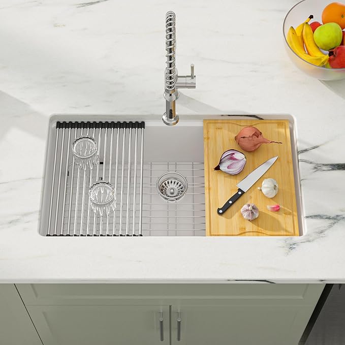 Dcolora 30 In. White Granite Composite Undermount Kitchen Sink Single Bowl Workstation, Quartz Kitchen Sink 30" x 19" x 9.65" #DC-GU5521
