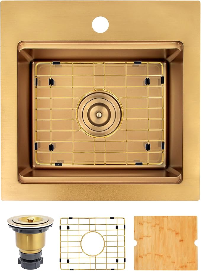 17 Inch Gold Sink Undermount, 16 Gauge 304 Stainless Steel Workstaion Kitchen Sinks with Ledge & Accessories, 17" x 17" x10" Deep Bowl For Outdoor, RV,Prep Sink, and Wet Bar