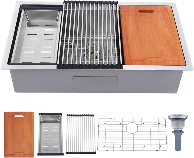 HOTIS 32 Inch Undermount Kitchen Sink Stainless Steel, 32" x 18" Single Bowl Undermount Workstation Sink, 16 Gauge Handmade Multifunction Chef Sink with Cutting Board & Accessories