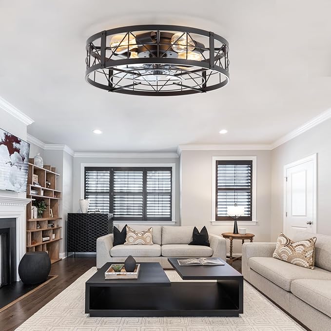 ZYD Caged Ceiling Fan with Light, 20" Ceiling Fan with Lights and Remote Flush Mount, Bladeless Caged Ceiling Fans with Lights, Matte Black Rustic Fan for Bedroom, Kitchen, Dining Room