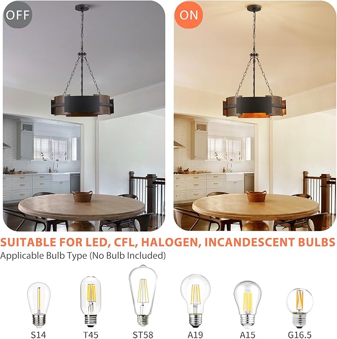 Modern Farmhouse Chandelier 19.7" Industrial Drum Pendant Lighting Fixture Large 4-Light Black Walnut Grain Finish for Dining Room Kitchen Island Office Living Room