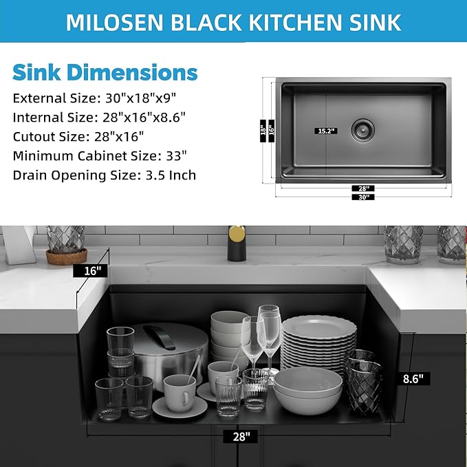 MILOSEN Black Undermount Kitchen Sink, 30x18 Inch T304 Black Stainless Steel Workstation Sink, 9 Inch Deep Single Bowl Kitchen Sink with Bottom Grid and Strainer, Modern Large Kitchen Sink