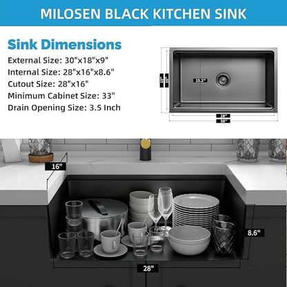 MILOSEN Black Undermount Kitchen Sink, 30x18 Inch T304 Black Stainless Steel Workstation Sink, 9 Inch Deep Single Bowl Kitchen Sink with Bottom Grid and Strainer, Modern Large Kitchen Sink