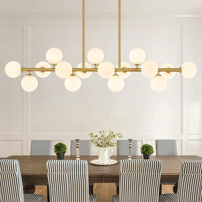 56 Inch Brass Gold Linear Chandeliers for Dining Room, Kitchen Island, Living Room, 16-Light Mid Century Modern Light Fixture Over Table, Large White Glass Globe Sputnik Bubble Chandelier
