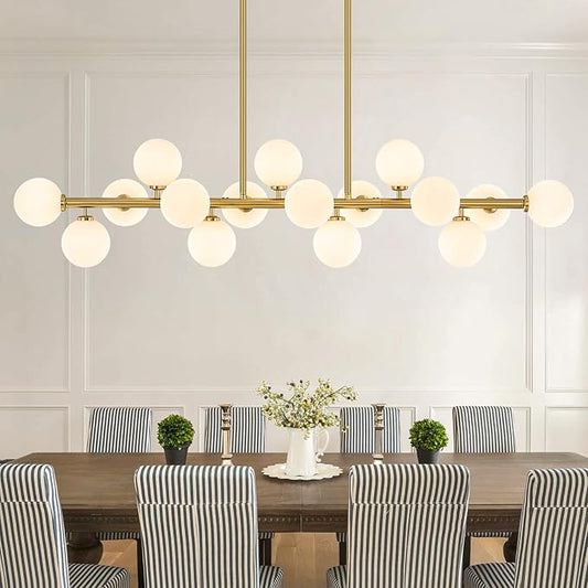 56 Inch Brass Gold Linear Chandeliers for Dining Room, Kitchen Island, Living Room, 16-Light Mid Century Modern Light Fixture Over Table, Large White Glass Globe Sputnik Bubble Chandelier