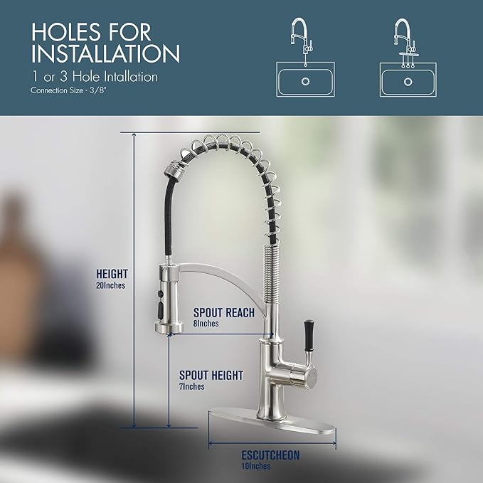 Kitchen Faucet with Pull Down Sprayer, Single Handle Brushed Nickel High Arc Commercial Farmhouse Kitchen Sink Faucet with Deck Plate
