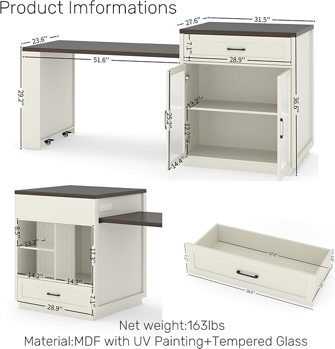 Kitchen Islands with Extendable Dining Table, 83.1" Mobile Kitchen Storage Islands, for 2-6 Person, with Tempered Glass Doors, Woodgrain Dining Table,Power Outlet,Bar, with Slide Out Table
