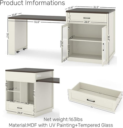 Kitchen Islands with Extendable Dining Table, 83.1" Mobile Kitchen Storage Islands, for 2-6 Person, with Tempered Glass Doors, Woodgrain Dining Table,Power Outlet,Bar, with Slide Out Table