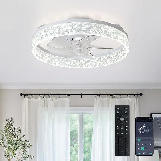 Depuley Ceiling Fans with Lights and Remote: 16" Modern Low Profile Flush Mount Ceiling Fan with App Remote Control - White Fandelier for Bedroom Living Room Kitchen Dimmable Quiet DC Motor