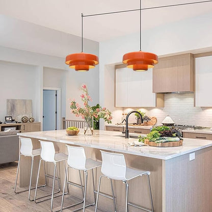 Plug in Pendant Light Mid Century Hanging Lamp with Plug in Cord Orange Pendant Lighting Fixtures Nordic Style Metal Shade On/Off Switch Hanging Light for Living Room Dining Bedroom Kitchen