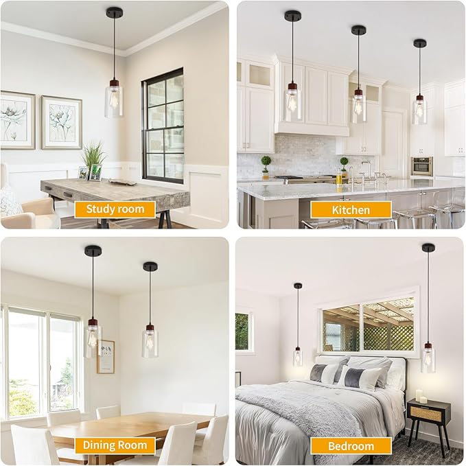Modern Wood Pendant Lighting for Kitchen Island, Farmhouse Pendant Light Fixtures 2 Pack, Adjustable Hanging Ceiling Light with Clear Glass Shade