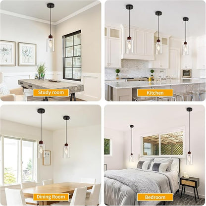 Modern Industrial Pendant Light, 3 Pack Mini Pendant Lighting with Clear Glass Shade, Adjustable Height, Rustic Wood Finish Ceiling Hanging Light Fixture for Kitchen Island Dining Room Bedroom