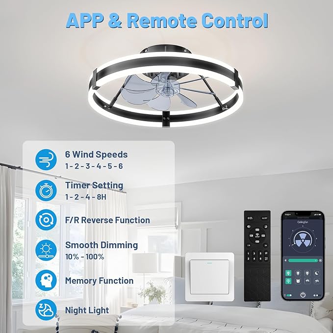 Low Profile Bladeless Ceiling Fan with Lights & Remote - 19.7" Flush Mount Fandelier Light Fan for Bedroom/Kitchen, 3000-6000K Dimmable LED, 6-Speed Modern Fan with Lights for Home/Office