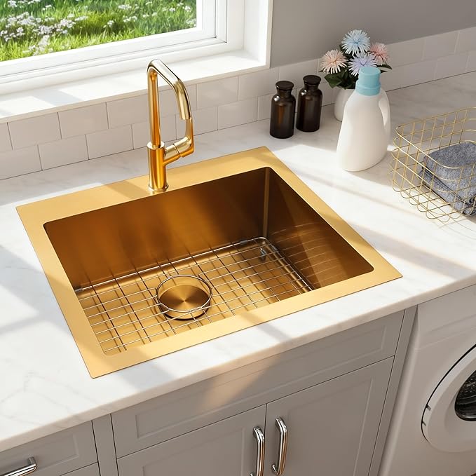 Gold Kitchen Sink 25"x22",Drop In Laundry Utility Sink,25 Inch Gold Sink 16 Gauge Stainless Steel,Top Mount Single Bowl Deep Kitchen Sinks