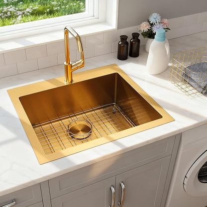 Gold Kitchen Sink 25"x22",Drop In Laundry Utility Sink,25 Inch Gold Sink 16 Gauge Stainless Steel,Top Mount Single Bowl Deep Kitchen Sinks