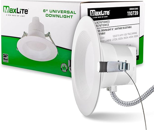 Maxlite RCF6T10WCS Universal Downlight 6 Inch LED Recessed Light - White, Canless, 2700K, 3000K, 3500K, 4000K, 5000K CCT Selectable, 120-277V, Dimmable to 10%, Wet Location Suitable, 107 Degree Angle