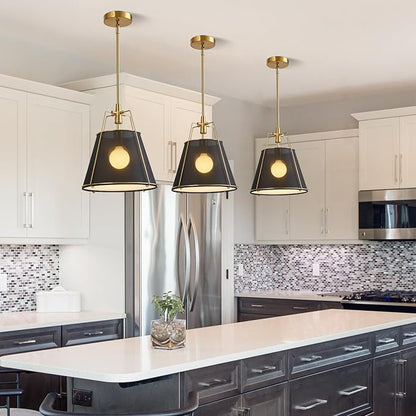 Modern Pendant Light Fixtures with 13" Black Linen Fabric Shade, Adjustable Hanging Light Fixture,Drum Gold Vintage Chandelier for Kitchen Island Bedroom Dining Room Foyer Entryway