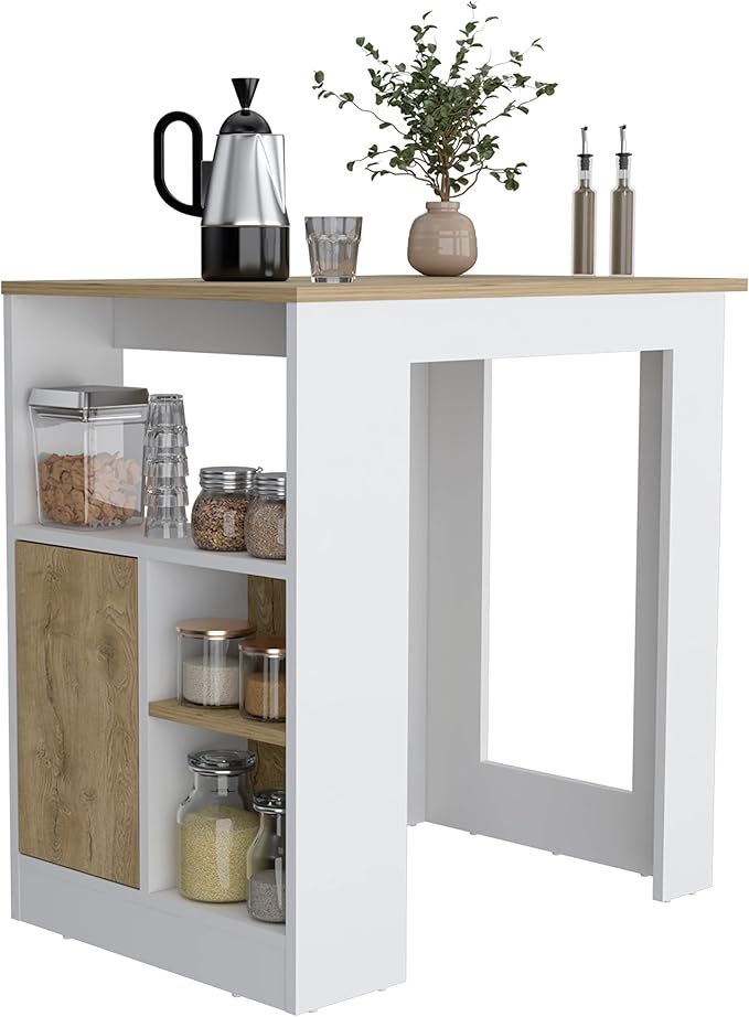 GOWE Kitchen Island 36" H, Three Open Side Storage Shelves and One Push-to-Open Cabinet, White/Macadamia