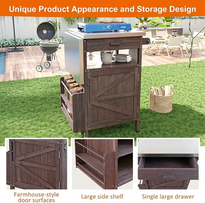 Casaphoria 40.5" Outdoor BBQ Grill Cart, tainless Steel Top Rolling Outdoor Kitchen Cart, Flip Board, Fir Wood Bar Carts with Towel Holder, Lockable Wheels for Patio Lawn Garden,Brown