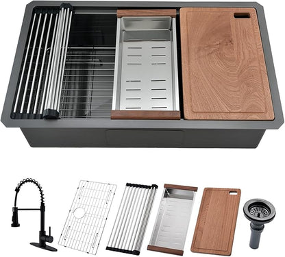 32 Inch Black Undermount Kitchen Sink with Faucet - 32x19 Black Stainless Steel Undermount Sink with Faucet Combo, 10 Inch Deep Single Bowl Workstation Sinks with Accessories