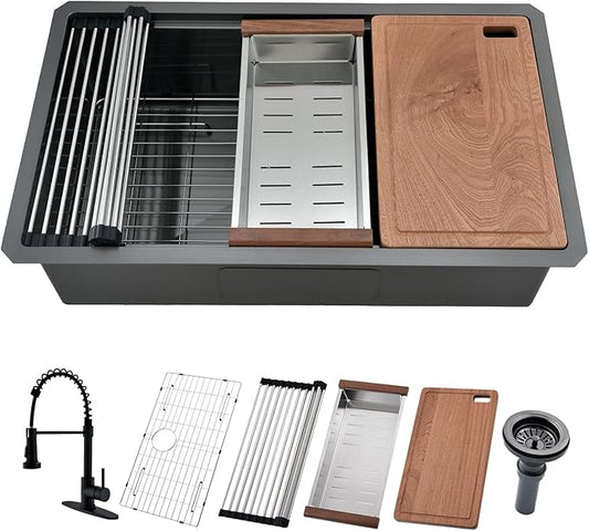 32 Inch Black Undermount Kitchen Sink with Faucet - 32x19 Black Stainless Steel Undermount Sink with Faucet Combo, 10 Inch Deep Single Bowl Workstation Sinks with Accessories