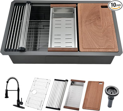 27 Inch Black Undermount Kitchen Sink with Faucet Combo - 27x19 Black Stainless Steel Workstation Sinks Single Bowl Kitchen Sink Undermount with Accessories