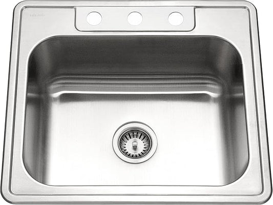 Houzer Stainless Steel 2522-8BS3-1 Glowtone Series Kitchen Sink - 25" Topmount Drop In Multipurpose Sink, Single Bowl Basin, 3 Hole, Ideal for Workstation, RV, Outdoor Kitchen, or Bar